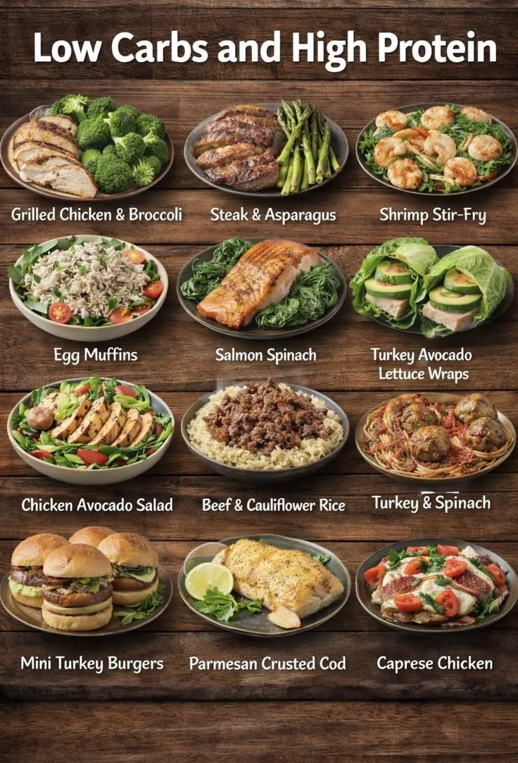 A variety of low carb high protein meals displayed on a table for weight loss.