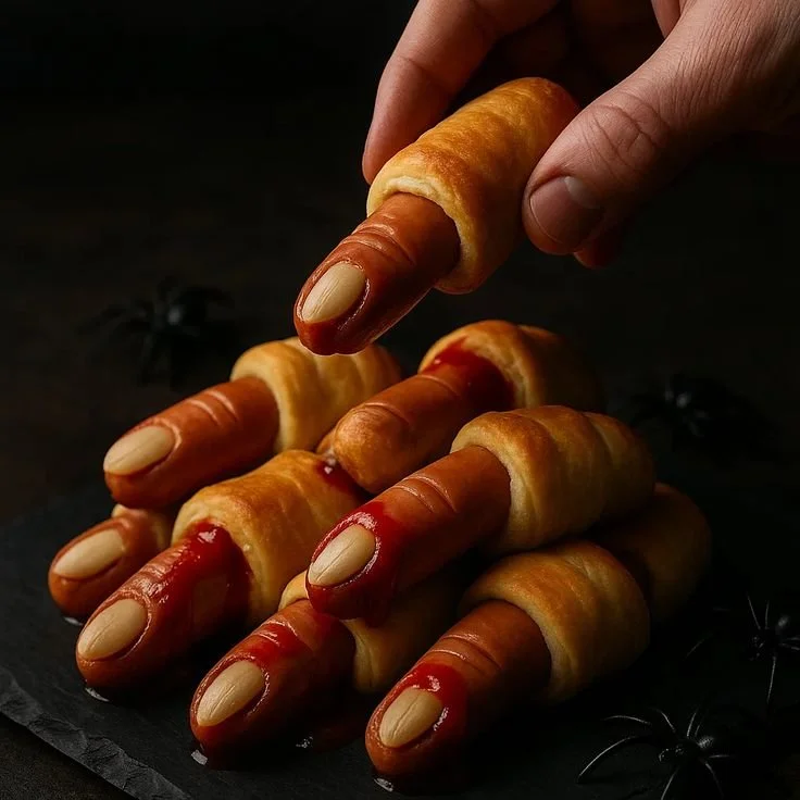 Assorted Halloween appetizers displayed on a spooky-themed table