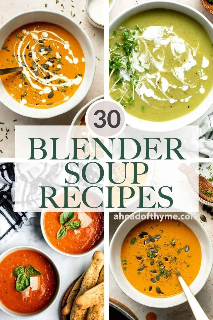 Variety of healthy blender soup recipes with fresh vegetables and vegan ingredients.