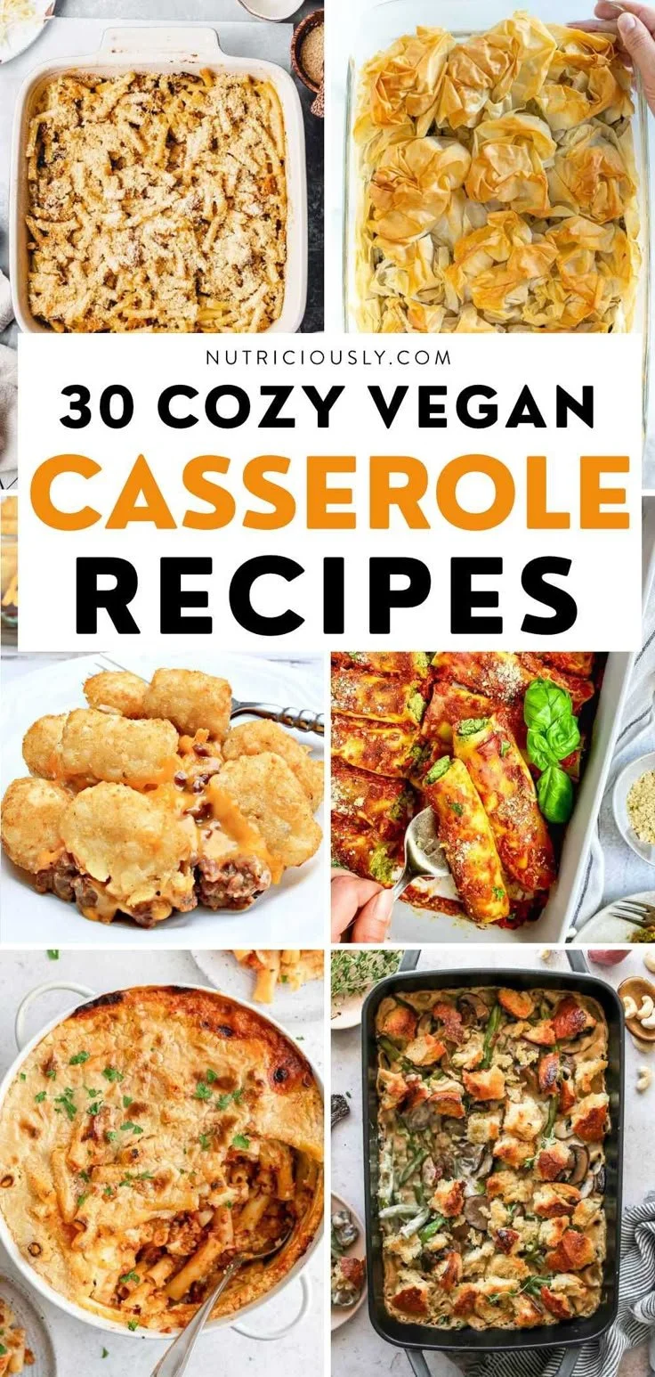 Variety of hearty vegan casseroles in colorful dishes