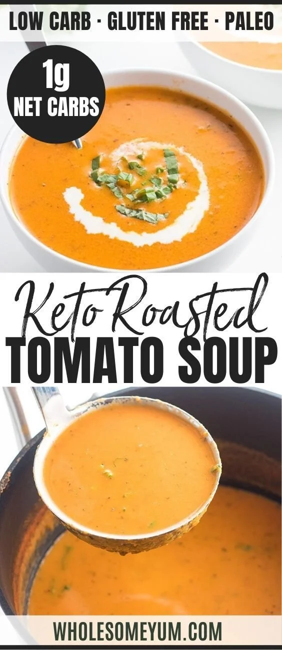 Bowl of low carb gluten-free roasted tomato soup with fresh basil garnish