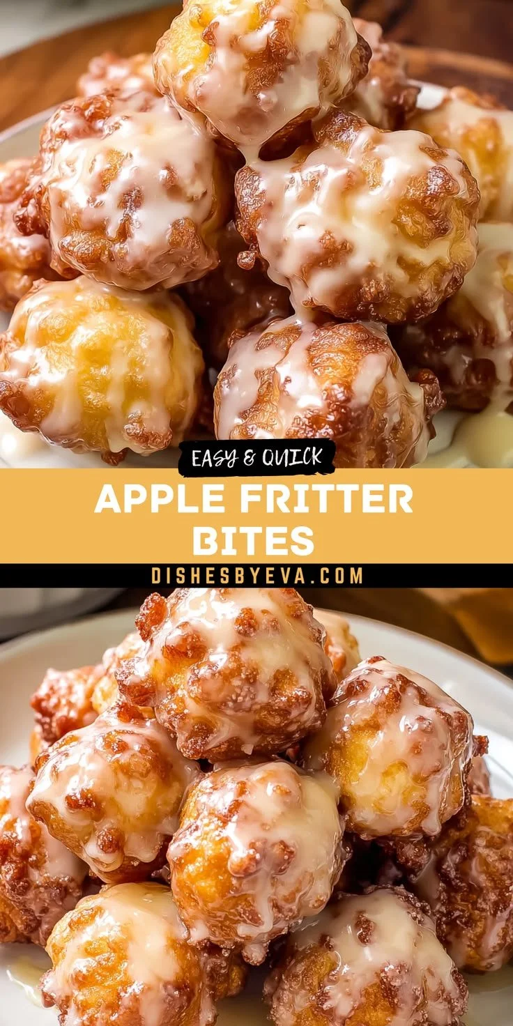 Homemade apple fritter bites served on a plate, drizzled with glaze