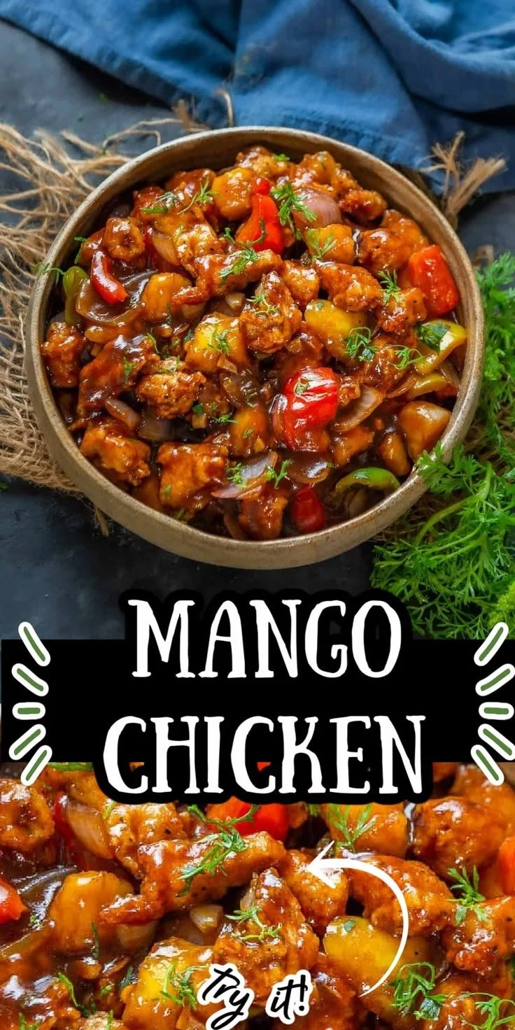 Delicious Asian Mango Chicken dish garnished with fresh herbs and mango slices.