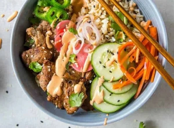 Banh Mi Rice Bowl with vibrant ingredients and fresh herbs