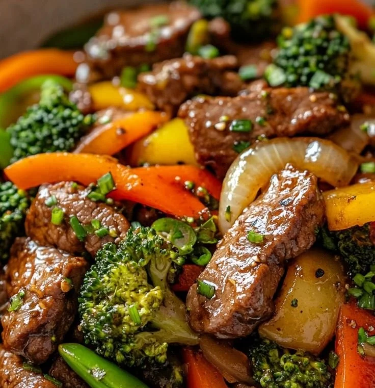 Beef stir fry with vibrant vegetables on a plate