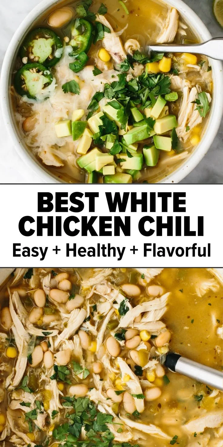 Bowl of delicious white chicken chili with toppings