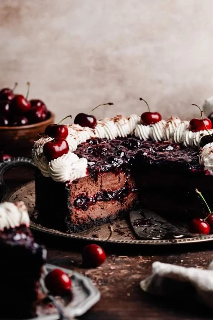 Delicious Black Forest Cheesecake with chocolate and cherries
