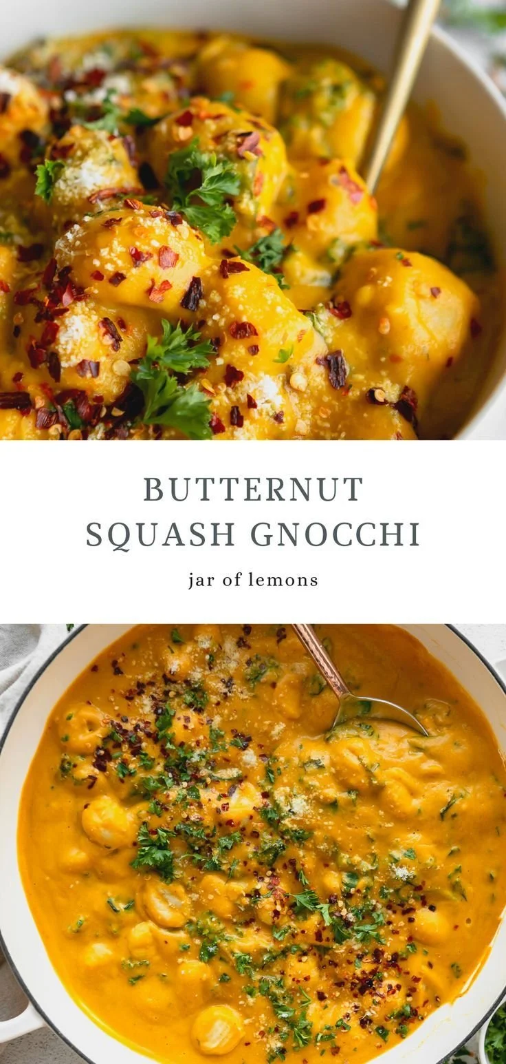 Delicious homemade butternut squash gnocchi served with creamy sauce