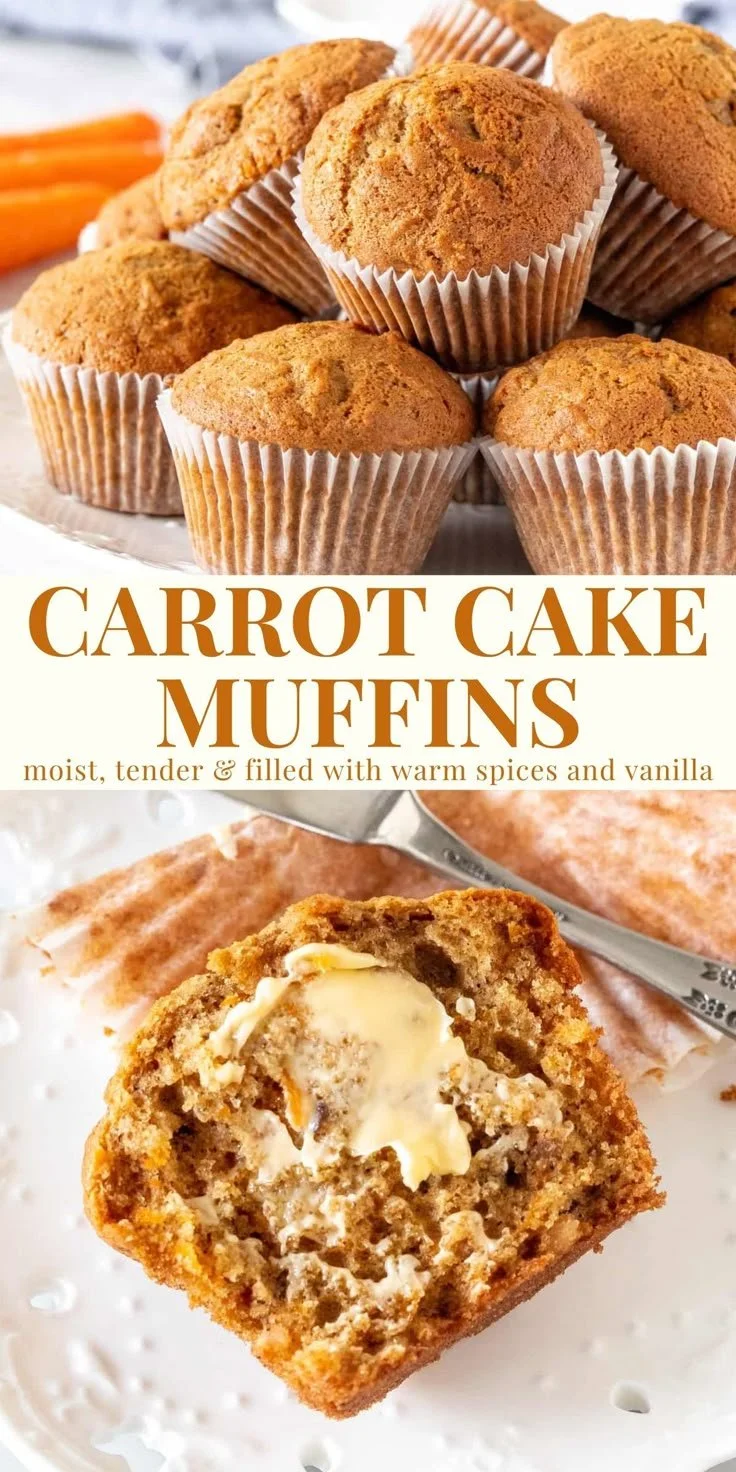 Freshly baked carrot cake muffins with cream cheese frosting on a plate