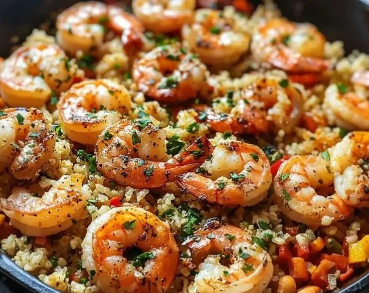 Plate of Cauliflower Fried Rice with Shrimp garnished with green onions