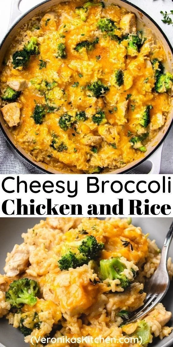 Cheesy broccoli chicken casserole topped with melted cheese and served in a dish