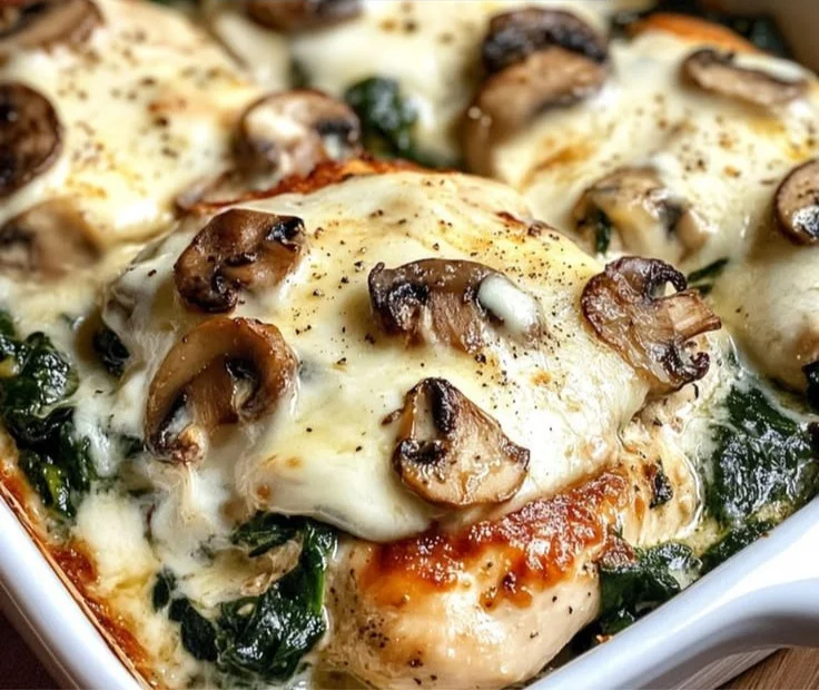 Chicken spinach mushroom casserole dish fresh out of the oven