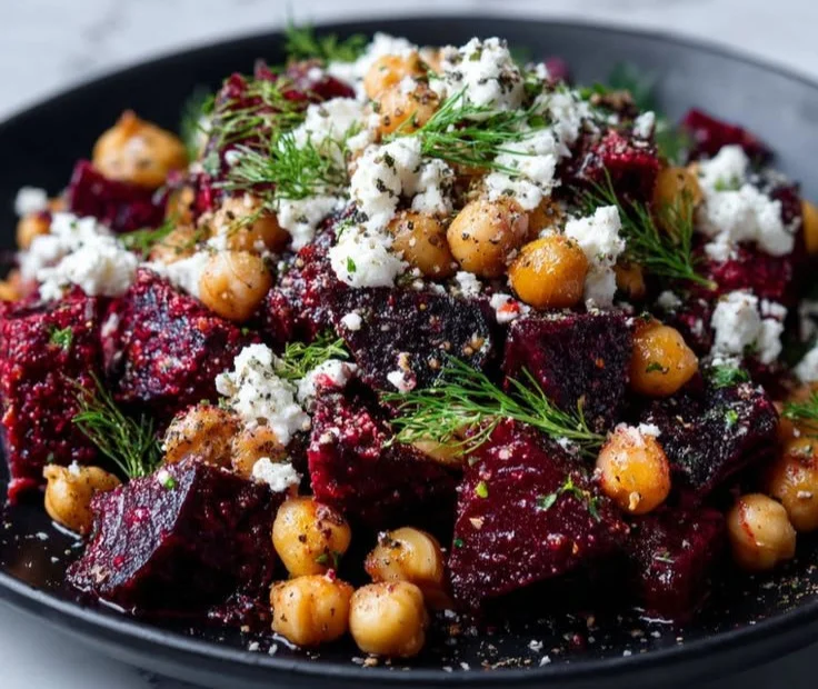 Chickpea Beet Feta Salad served in a bowl with fresh ingredients