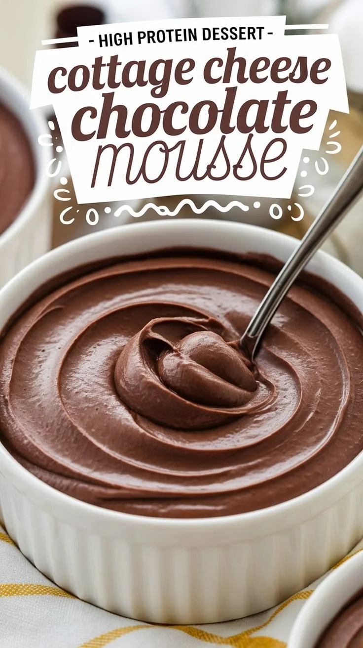 Cottage cheese chocolate mousse, a high protein dessert in a bowl.