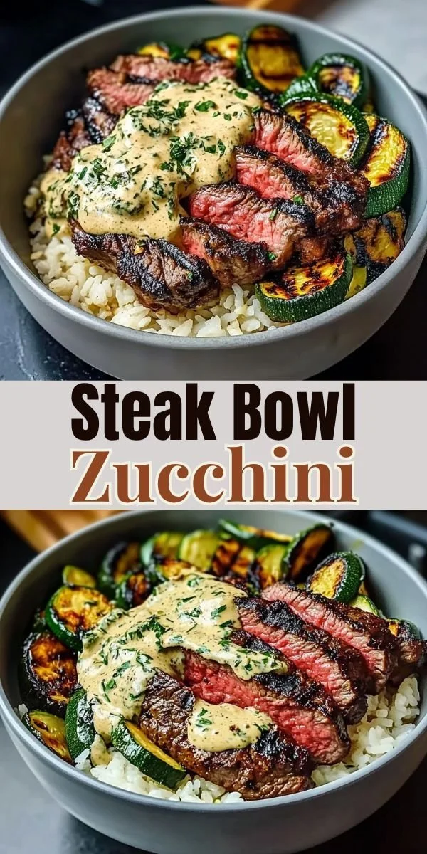 Cozy grilled steak bowl with zucchini, fresh ingredients, and vibrant colors.