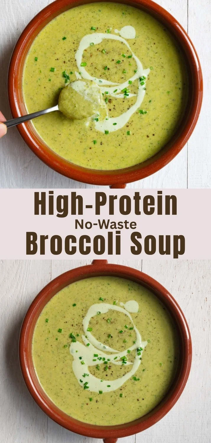 Bowl of creamy vegan broccoli soup garnished with fresh herbs