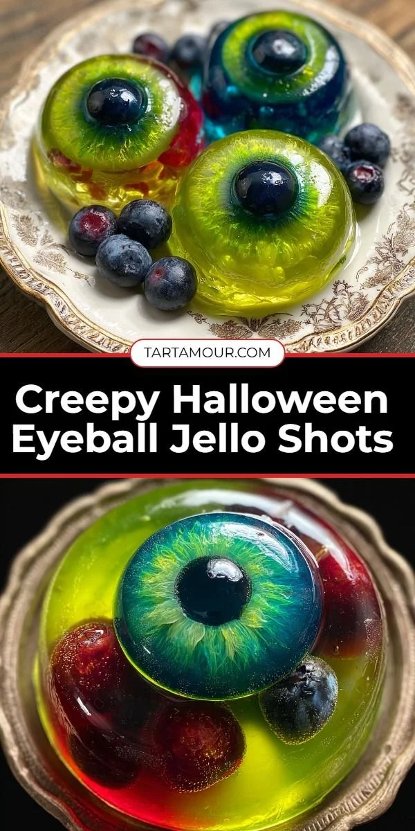 Creepy Halloween Eyeball Jello Shots in spooky themed cups