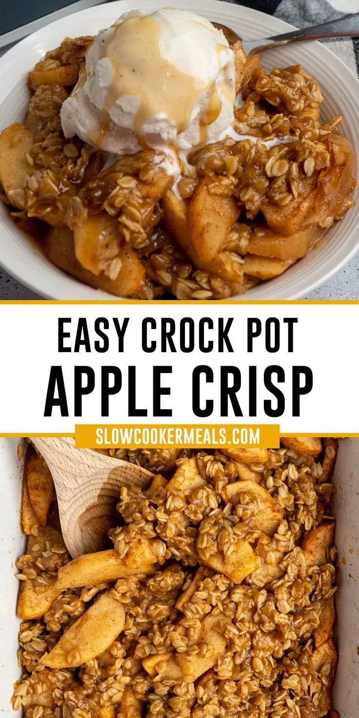 Deliciously baked Crock Pot Apple Crisp with oats and cinnamon topping