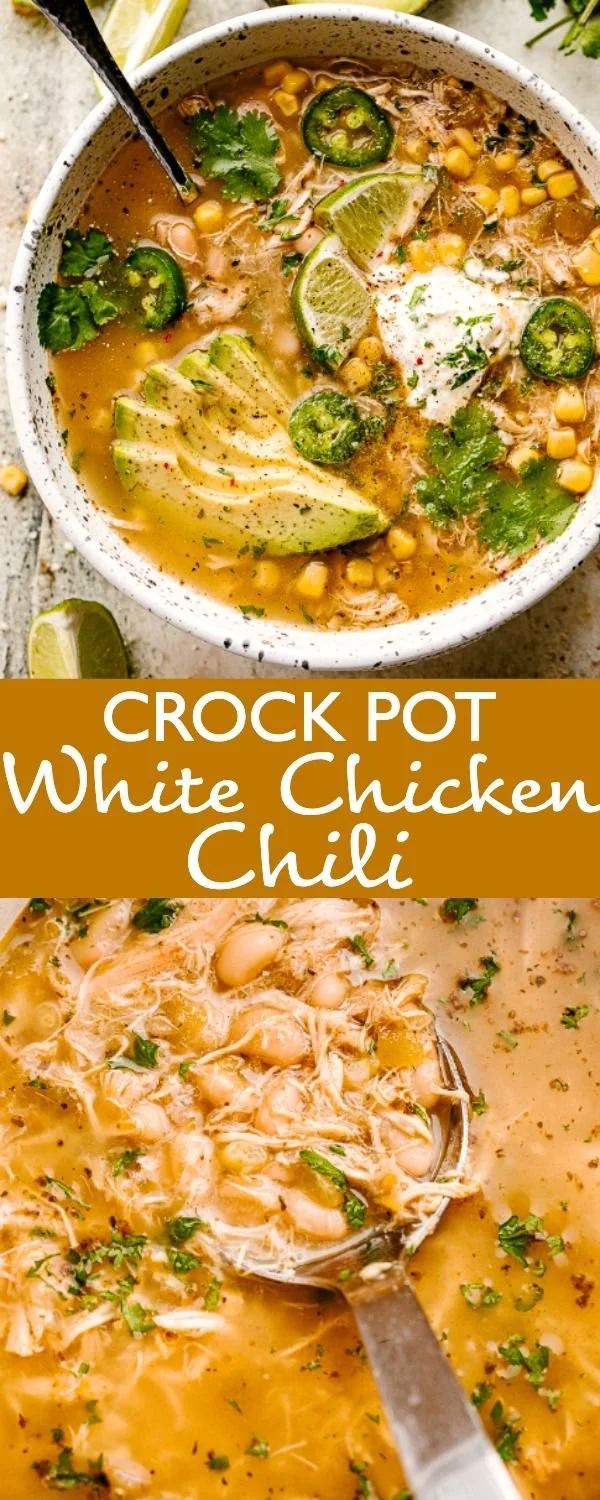 Crock Pot White Chicken Chili served in a bowl with toppings