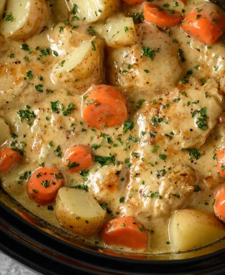 Crockpot Cheesy Ranch Chicken served in a bowl with fresh herbs