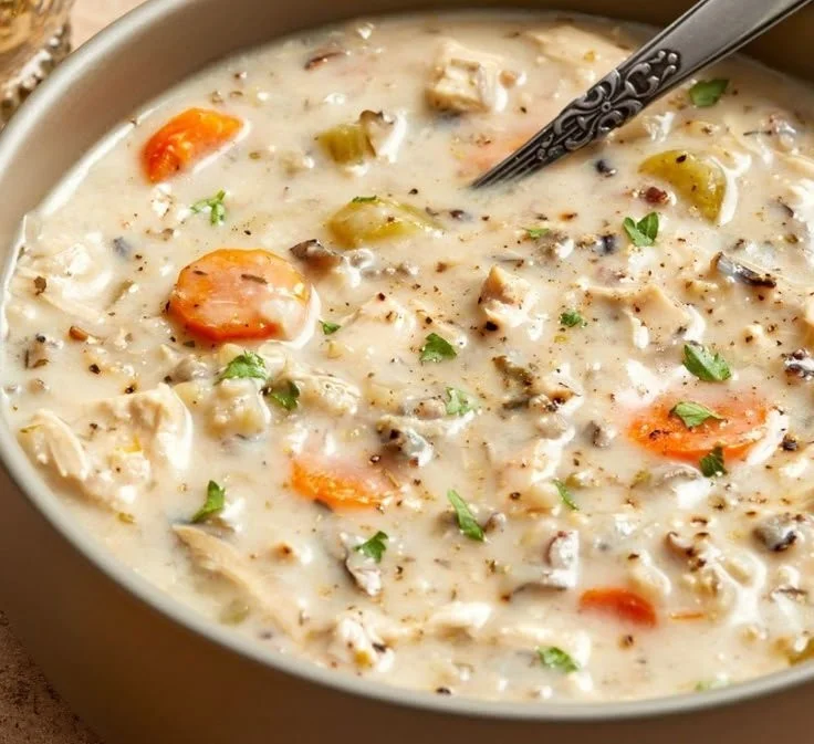 Crockpot Chicken and Wild Rice Soup in a bowl with fresh herbs