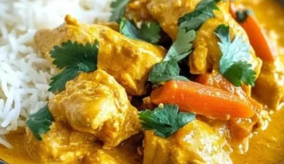Crockpot coconut curry chicken in a bowl with vibrant spices and herbs
