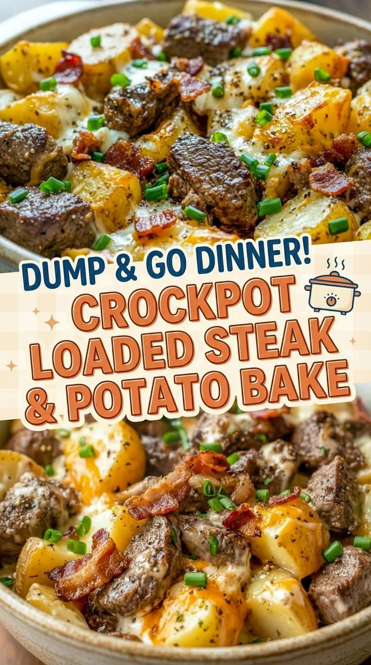 Crockpot Loaded Steak and Potato Bake in a serving dish, garnished with herbs