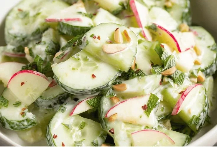 Crunchy cucumber apple salad with fresh dressing in a bowl
