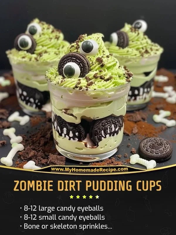 Zombie Dirt Pudding Cups: No-bake Halloween dessert with Oreos, pudding, and Cool Whip.