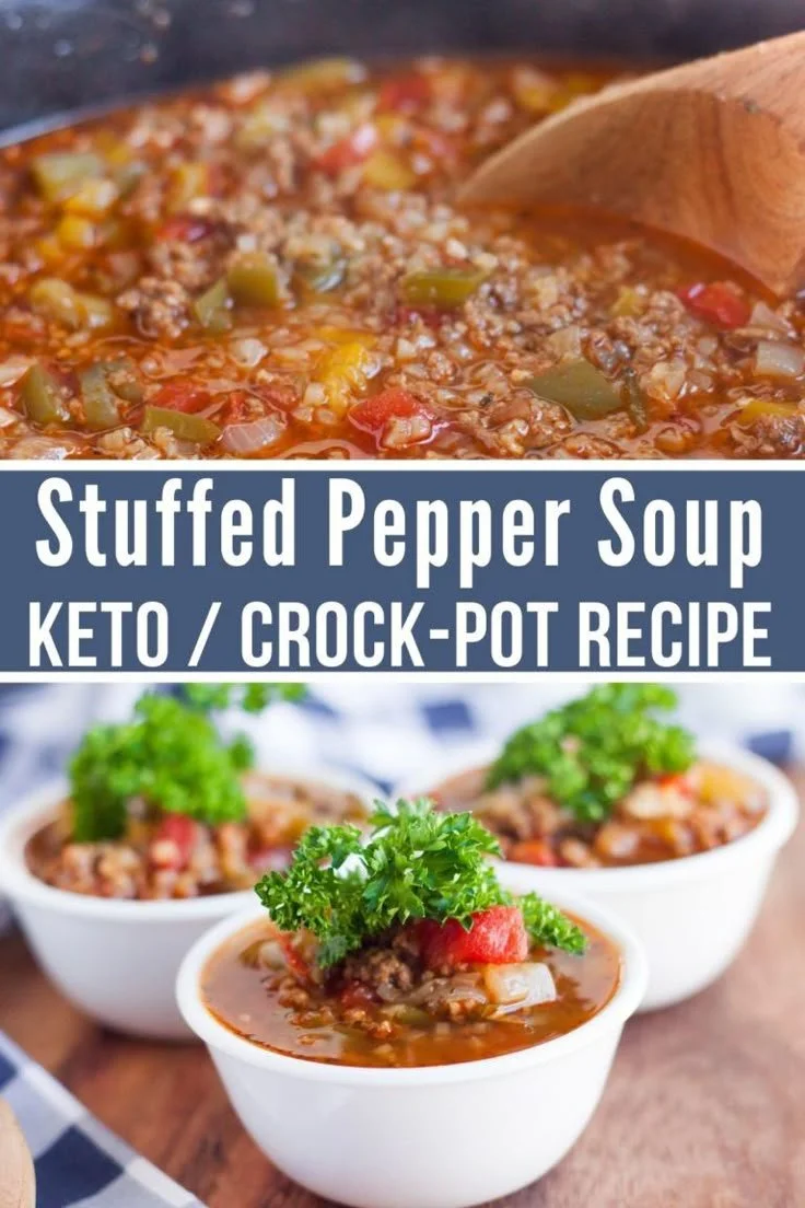 A bowl of delicious Keto Stuffed Pepper Soup garnished with fresh herbs.