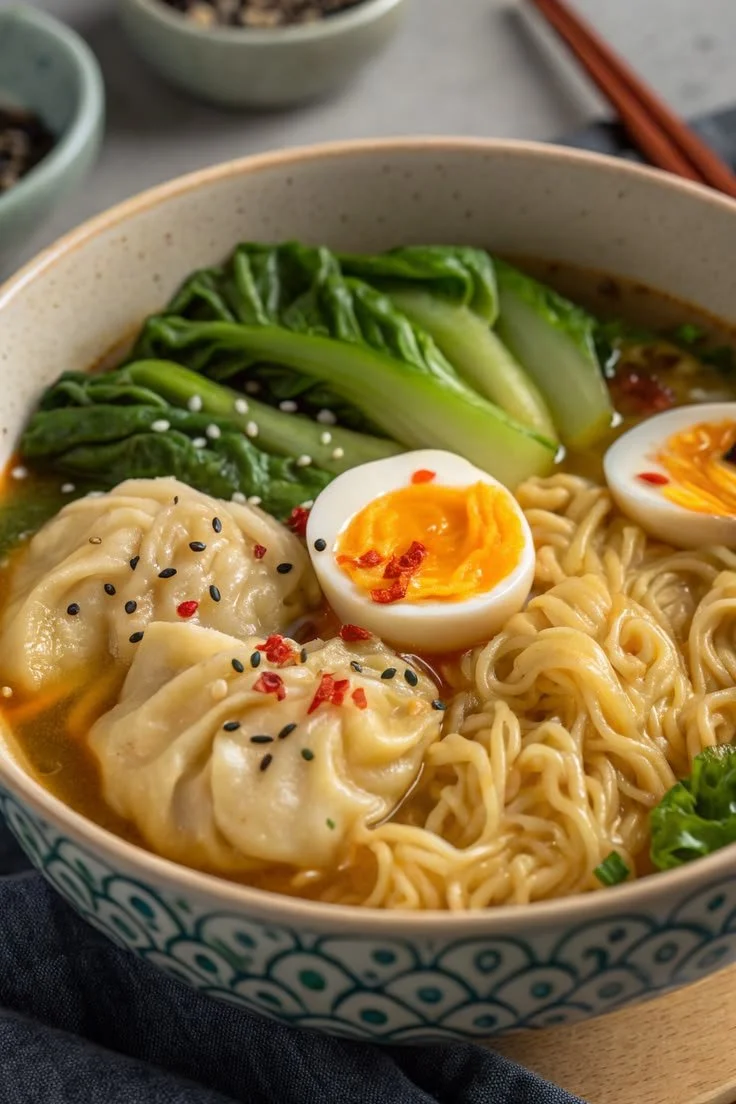 Dumpling Ramen Bowl with soft-boiled eggs, dumplings, and fresh greens