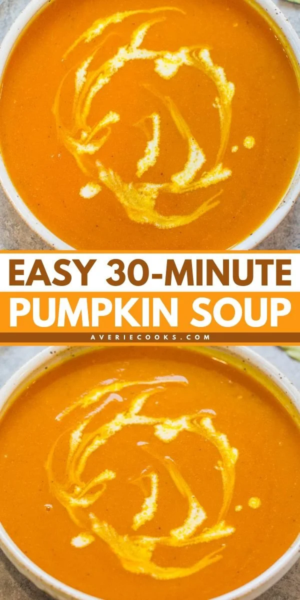 Bowl of easy 30-minute pumpkin soup topped with herbs and cream