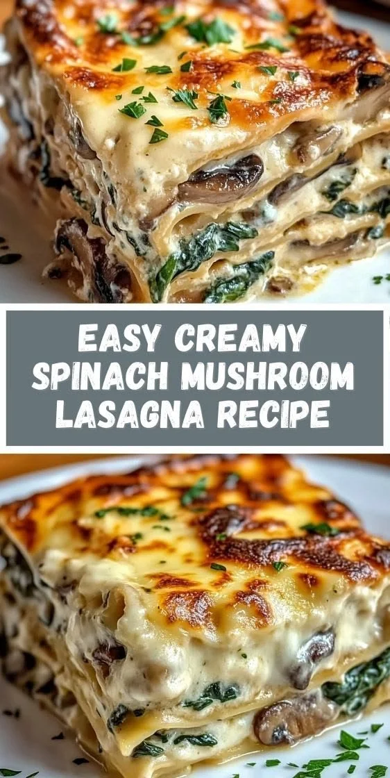 Creamy spinach mushroom lasagna topped with cheese and herbs