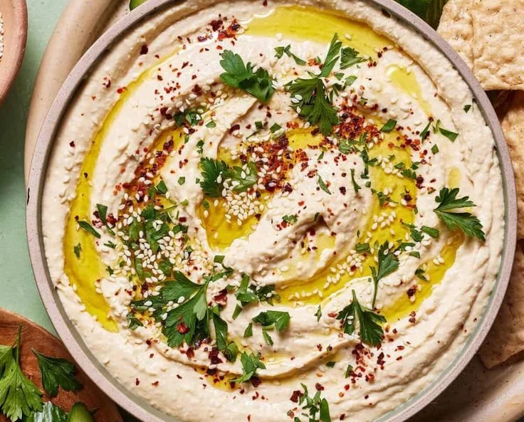 Bowl of easy high-protein hummus made with cottage cheese, garnished with olive oil and spices.