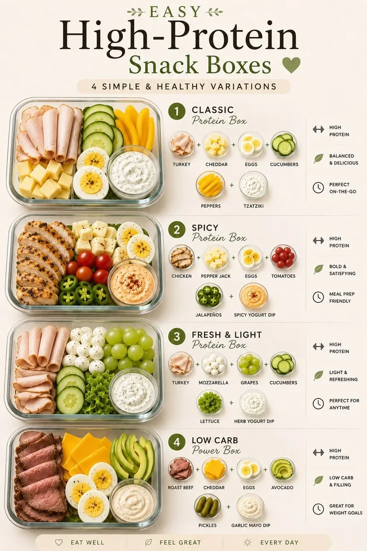 Variety of easy high-protein snack boxes arranged beautifully for a healthy treat.
