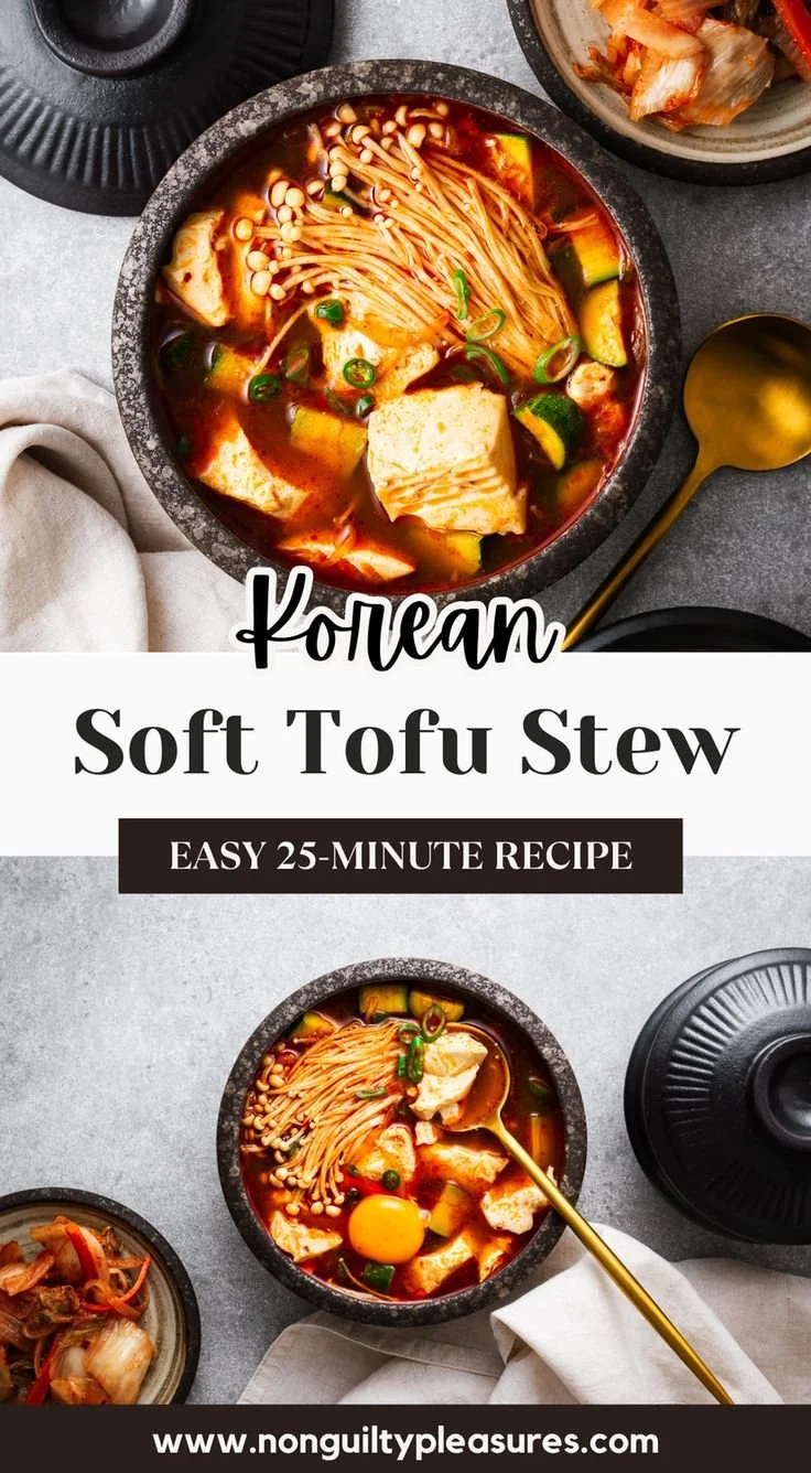 Delicious and spicy Korean Tofu Stew (Soondubu Jjigae) in a bowl