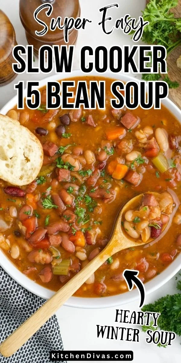 Bowl of hearty slow-cooked 15 bean soup with ham, perfect for winter dinners.