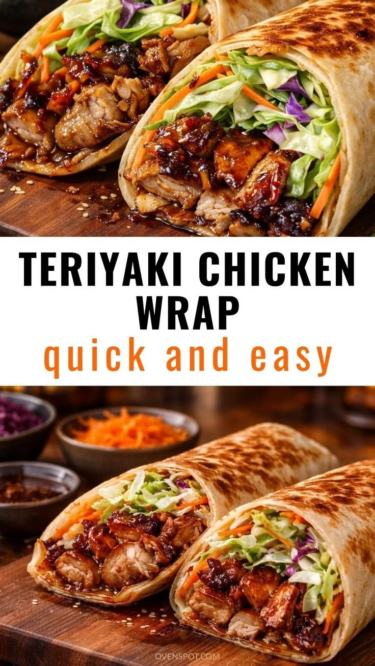 Easy teriyaki chicken wrap with fresh vegetables in a tortilla