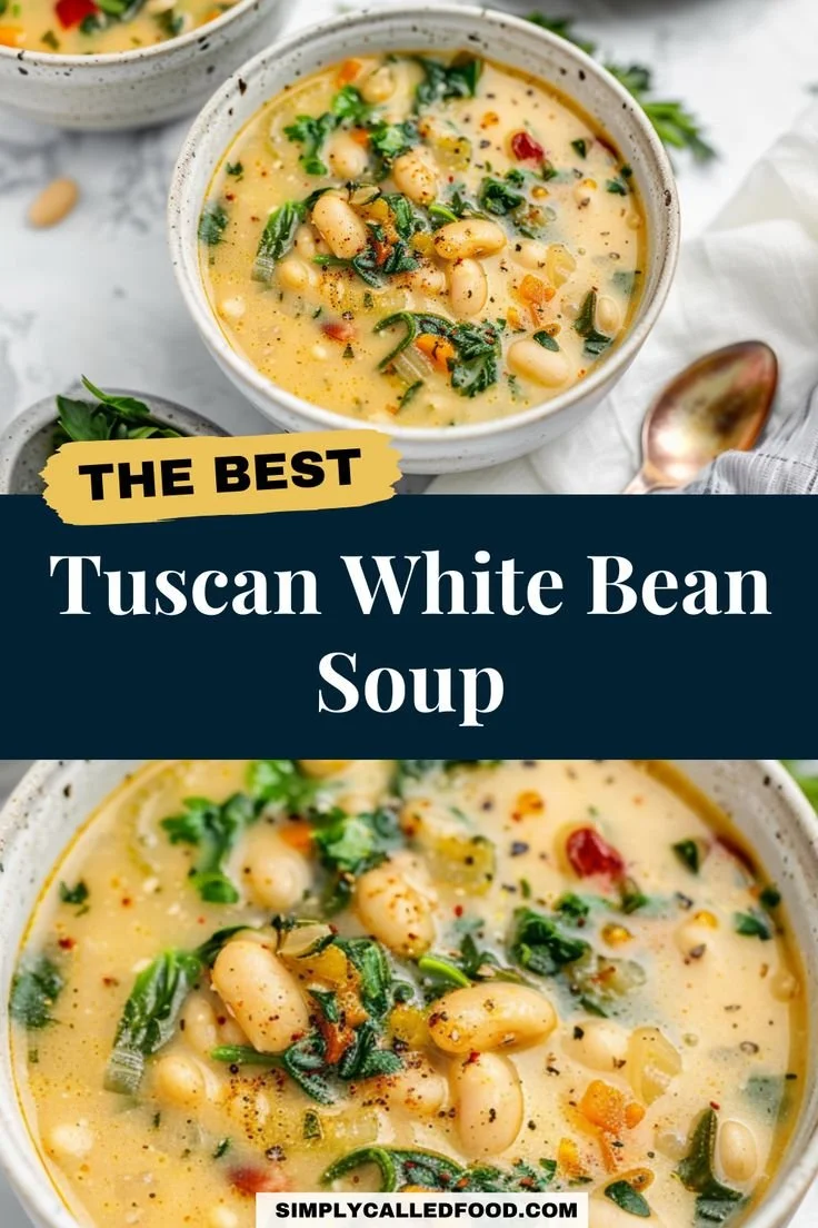 Bowl of easy Tuscan white bean soup with kale and fresh herbs