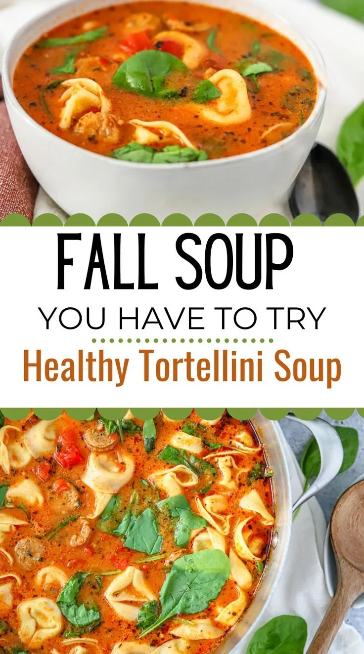 Bowl of healthy tortellini soup garnished with herbs and vegetables.