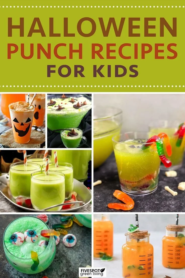 Colorful Halloween punch served in spooky glasses for kids