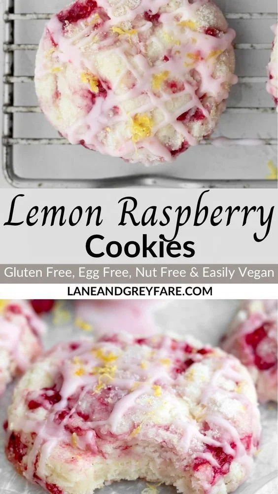 Gluten free lemon cookies topped with fresh raspberries on a white plate.