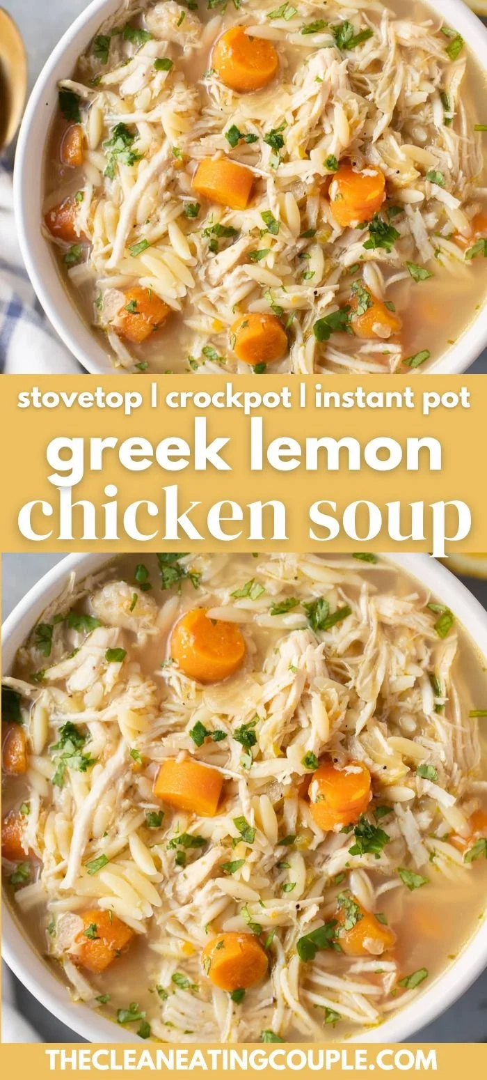 Delicious Greek Lemon Chicken Soup in a bowl with fresh herbs and lemon slices