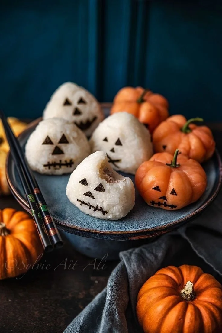 Halloween Oniguiri decorated with spooky designs for festive celebrations