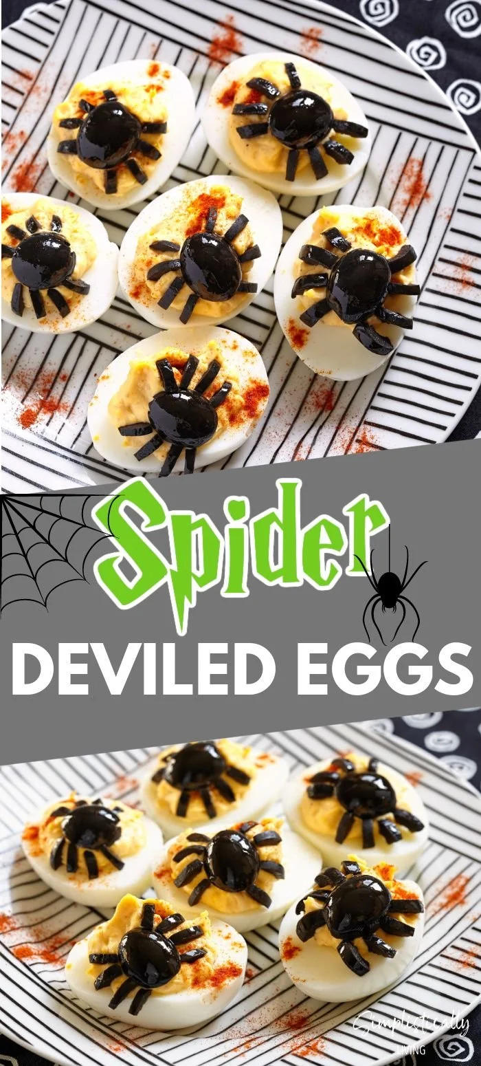 Halloween-themed spider deviled eggs decorated with olives and paprika