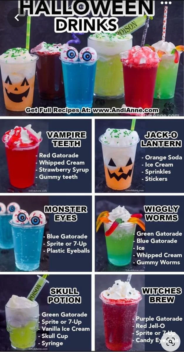 Colorful Halloween spooky drinks in festive glasses with eerie decorations