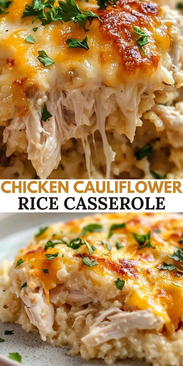 Healthy Chicken Cauliflower Rice Casserole topped with fresh herbs.