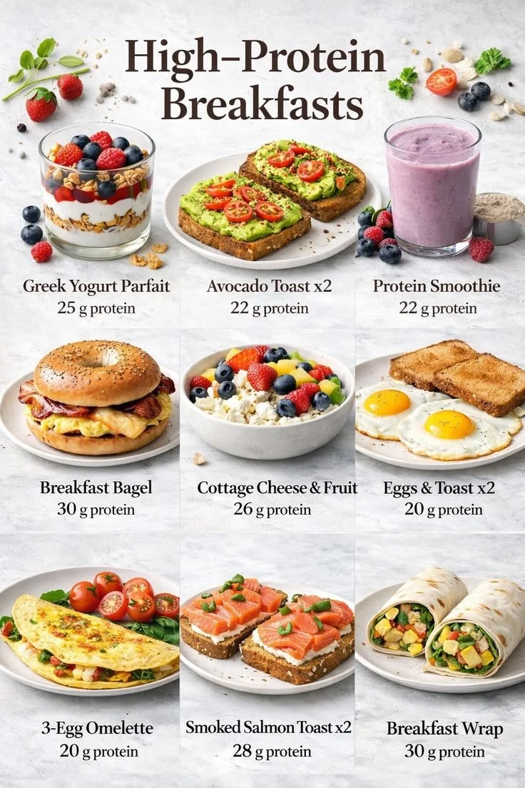 High-protein breakfast ideas featuring eggs, yogurt, and lean meats.