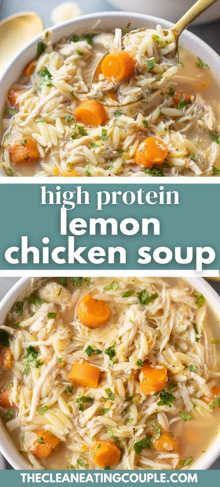 High protein lemon chicken soup with fresh ingredients in a bowl