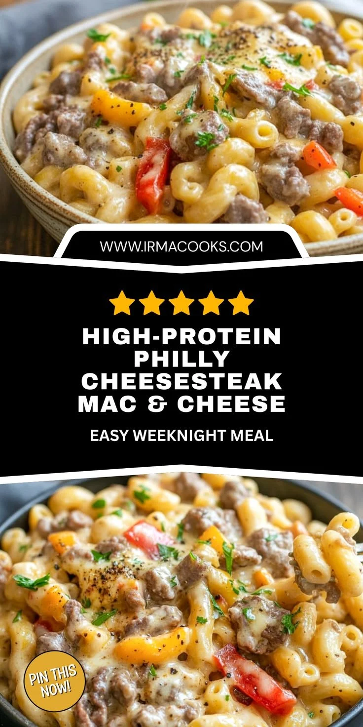 High-Protein Philly Cheesesteak Mac & Cheese served in a bowl